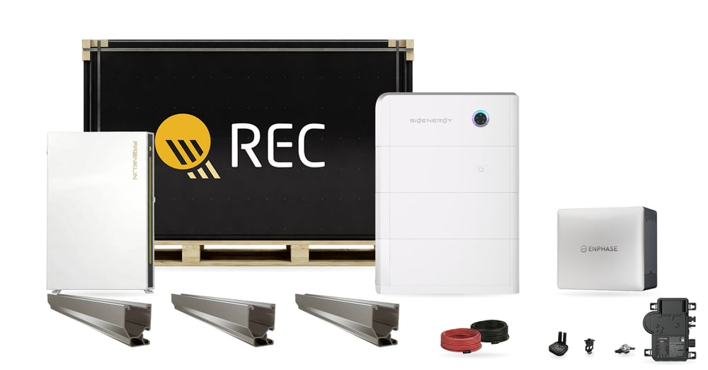 A complete solar kit: a pallet of REC panels, Franklin and Sigenergy home batteries, an Enphase controller, racking rails, cables and microinverters
