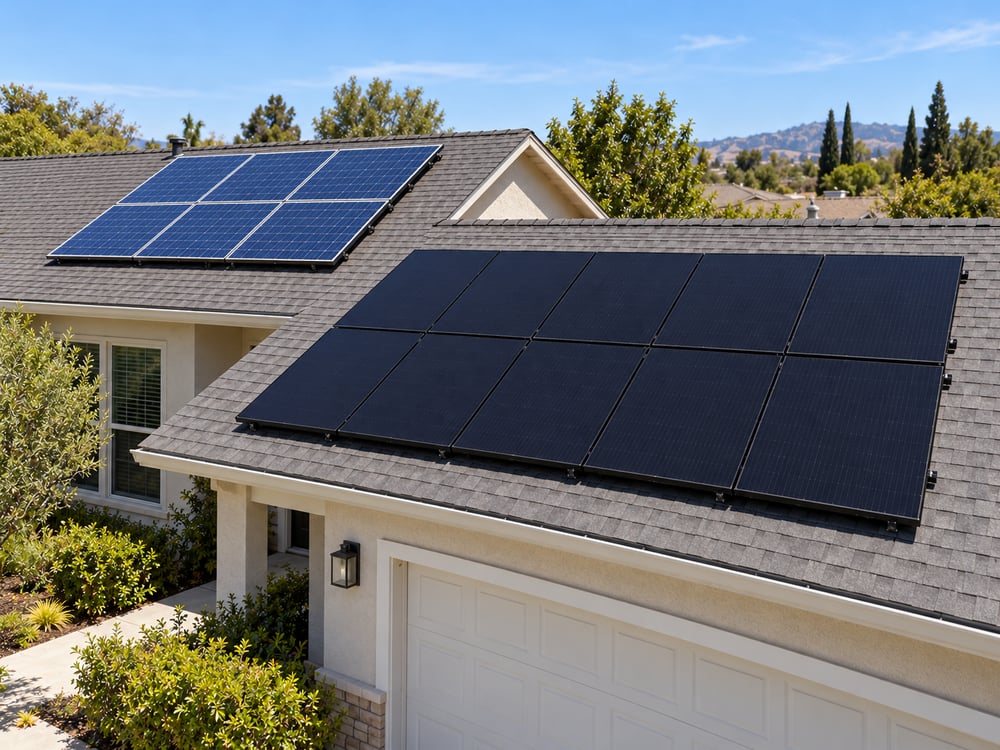 New all-black panels on a second roof face, beside the home's older blue panels