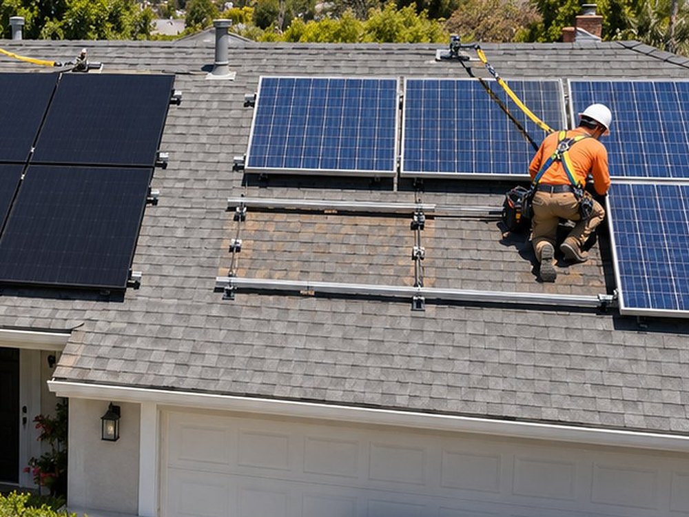 An installer taking older blue panels off a roof, with new all-black panels already in place beside them