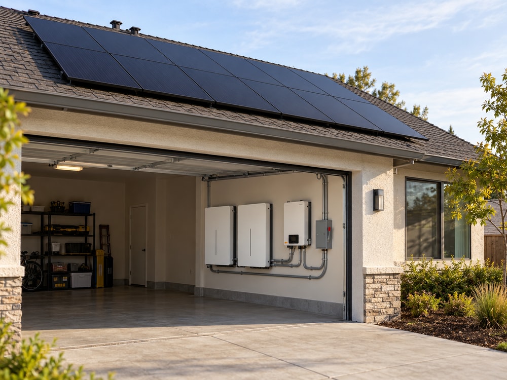 A home with new rooftop solar and wall-mounted batteries in the garage