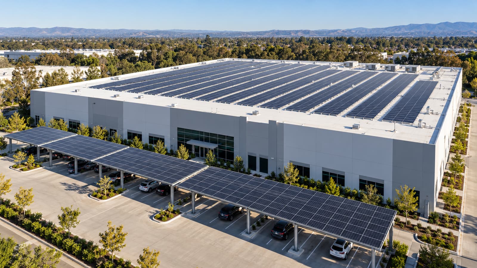 Aerial view of a commercial warehouse with rooftop solar panels and solar carports over the parking lot