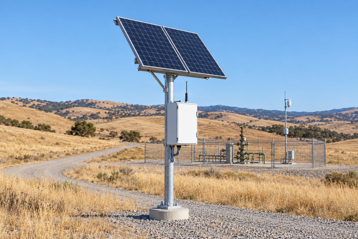 A pole-mounted off-grid solar system with an equipment enclosure powering a remote monitoring site in dry hills