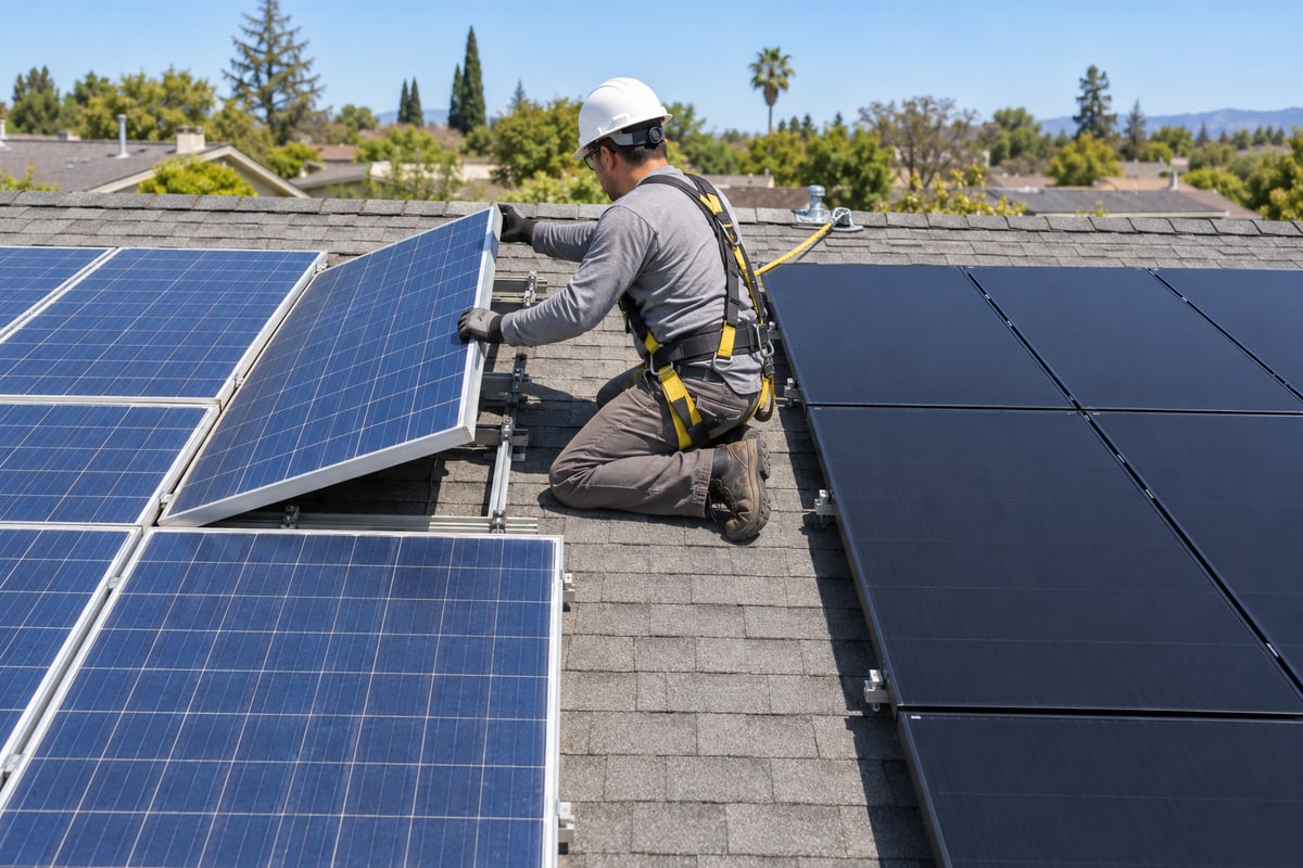An installer lifting an older blue solar panel off a roof, with new all-black panels already installed beside it