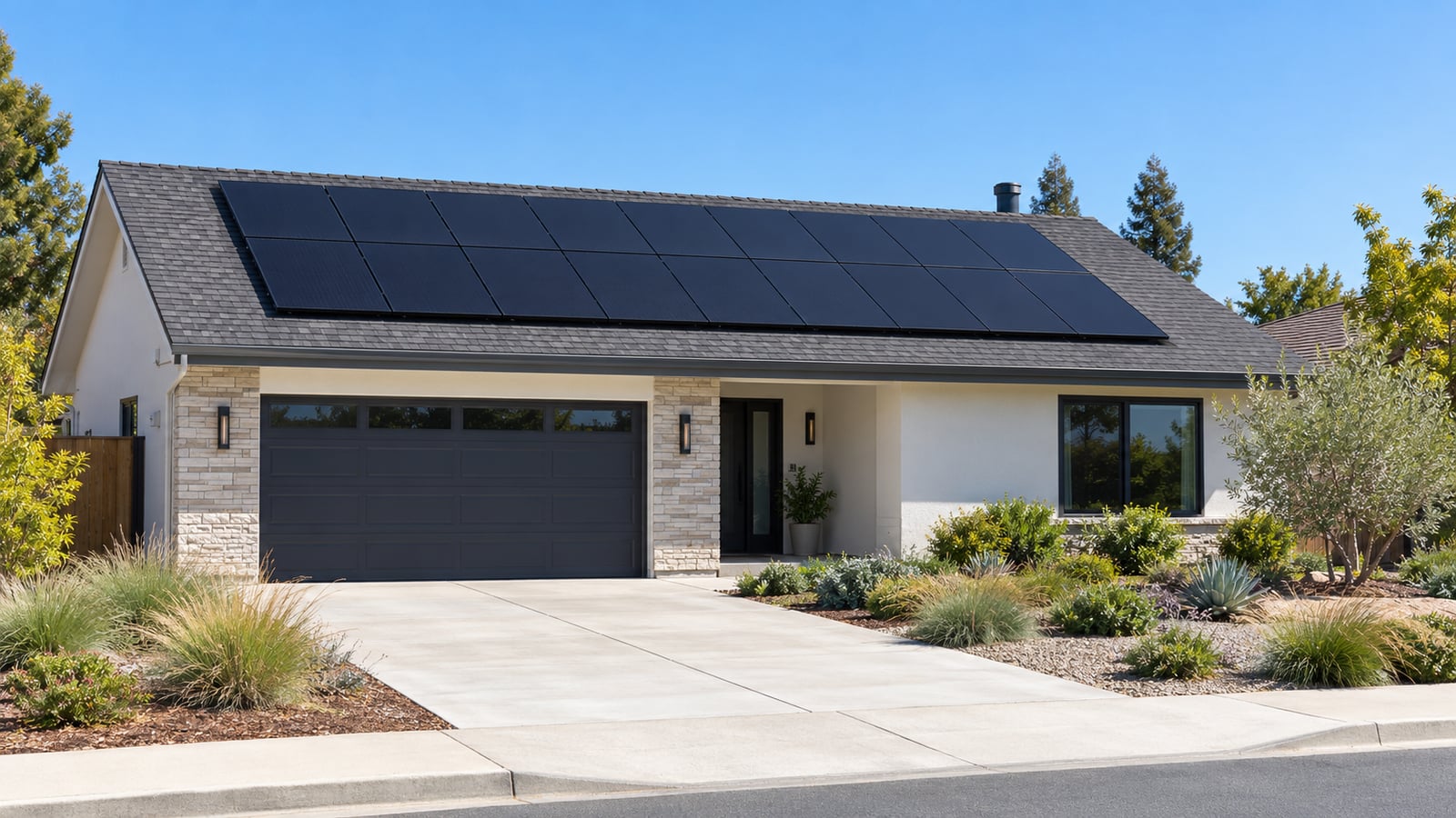 Modern single-story home with all-black residential solar panels on a dark shingle roof