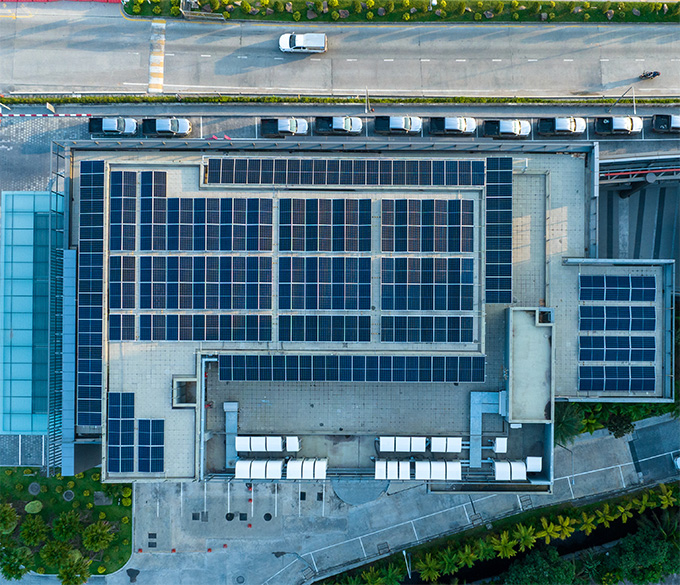 Large commercial building with solar panels