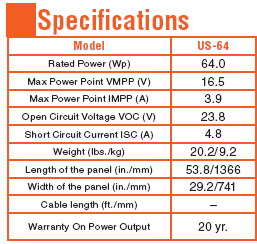 Uni-Solar US64 specifications