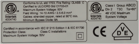 Approval Listings and Certification Label on back of modules photograph